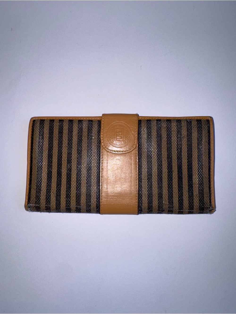 Vintage Fendi Pequin Striped Continental Wallet Tan Leather
